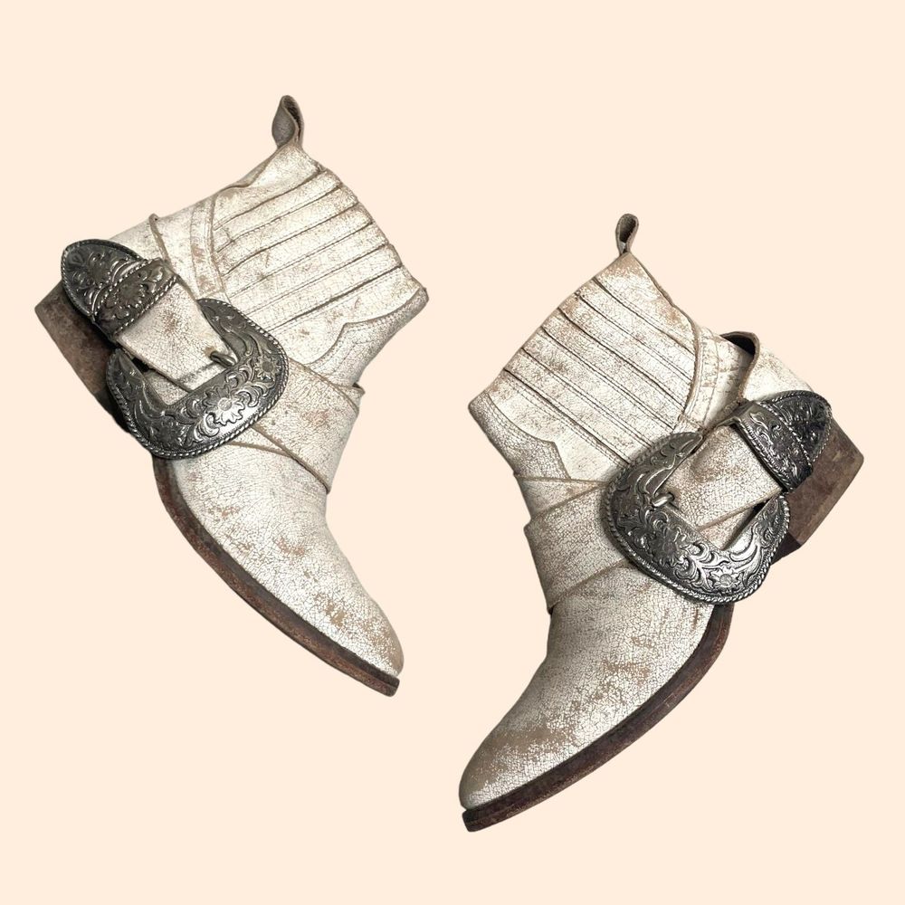 Free People Cream Ankle Boots with Silver Buckles
